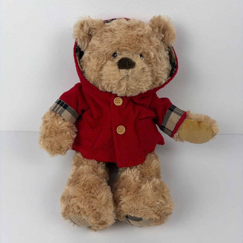 Toys R Us Plush Teddy Bear Tan Red Hooded Fleece Plaid Jacket 16 inch 2011 L3960